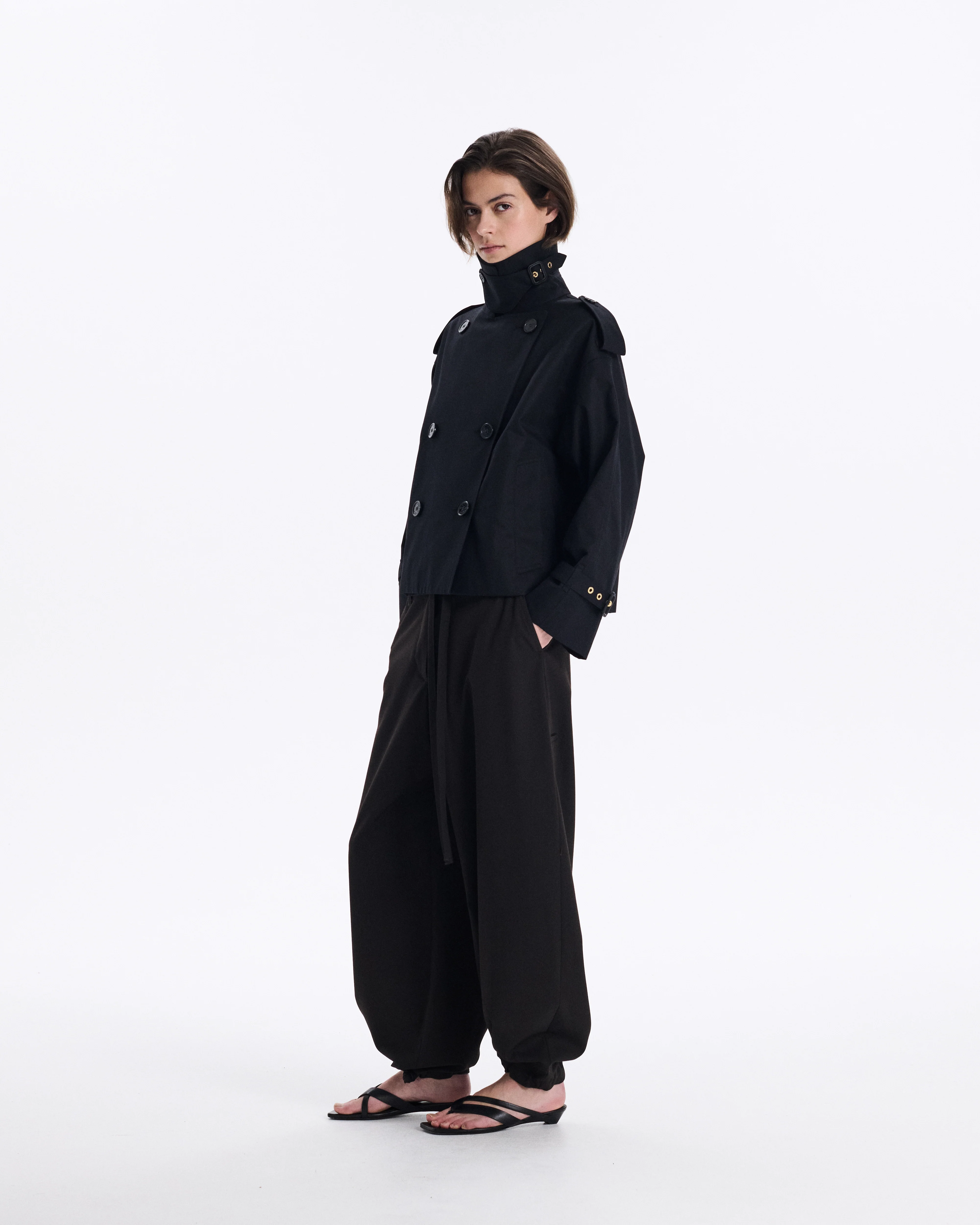 Eyemouth Gabardine Double Breasted Short Trench Coat - Image 3